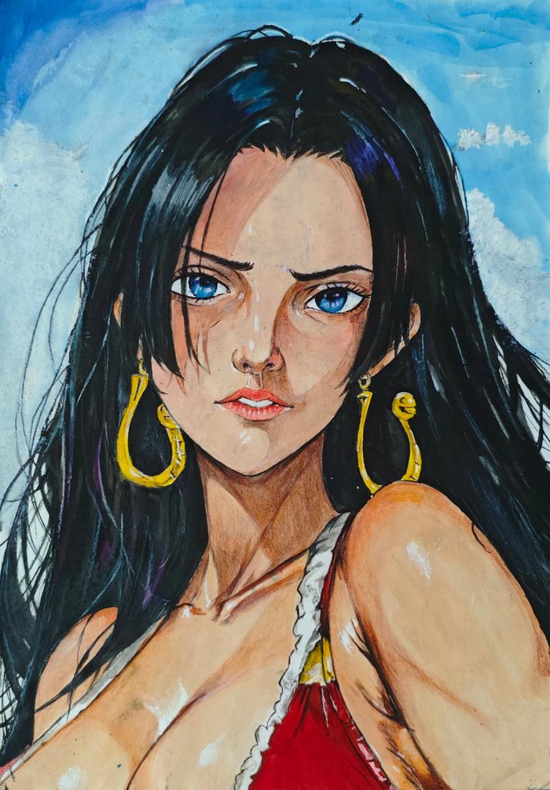 boa hancock, boa hancock fan art, one piece boa hancock, one piece fan art, pirate empress, watercolor one piece, anime girl art, black hair blue eyes, one piece female characters, traditional watercolor, hancock one piece, shichibukai, kuja pirates