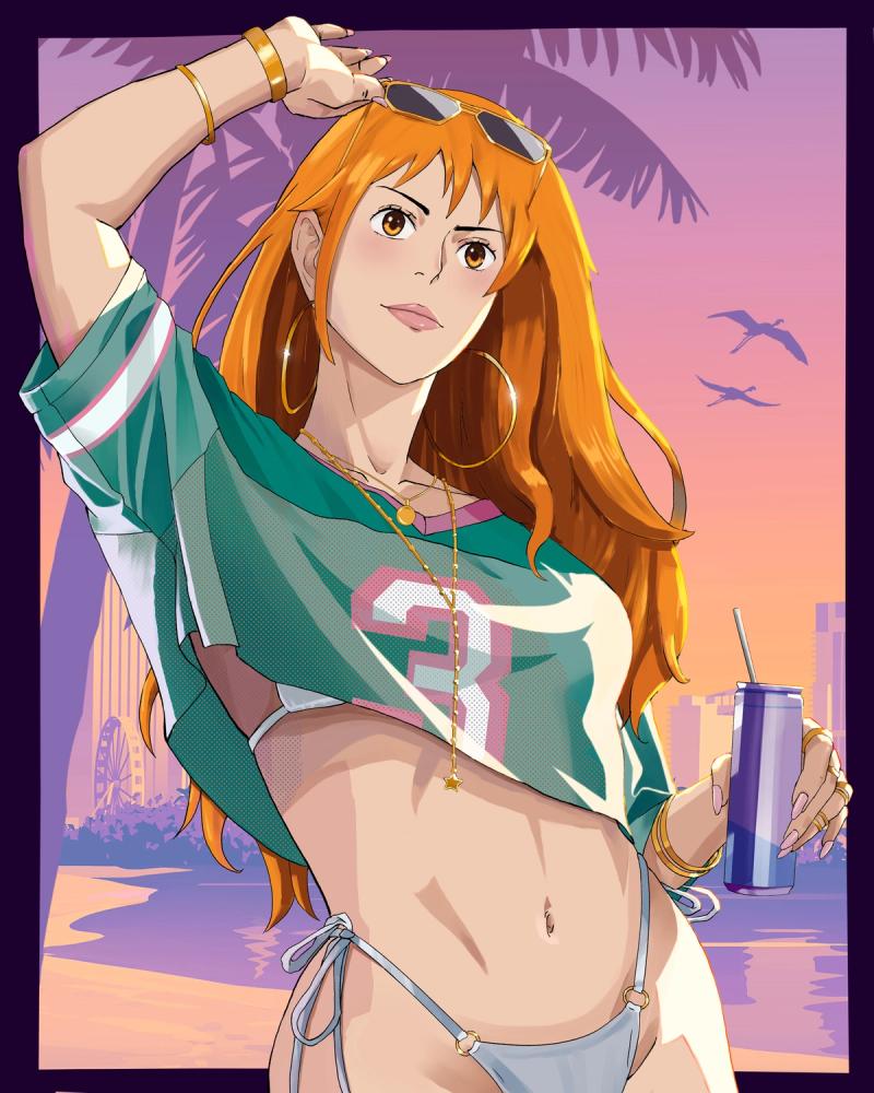 Nami as GTA VI cover girl fan art in Vice City sunset , Artwork of Nami as GTA VI Cover Girl - One Piece x GTA 6 Fan Art — Illustration — by Xyro