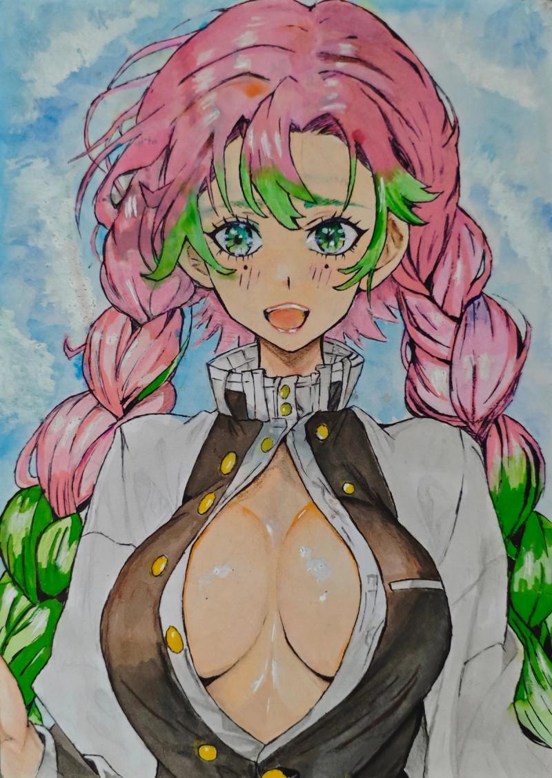 mitsuri kanroji, demon slayer, kimetsu no yaiba, mitsuri fan art, demon slayer fan art, hashira, watercolor art, anime girl, pink hair anime, demon slayer mitsuri, traditional art, anime watercolor