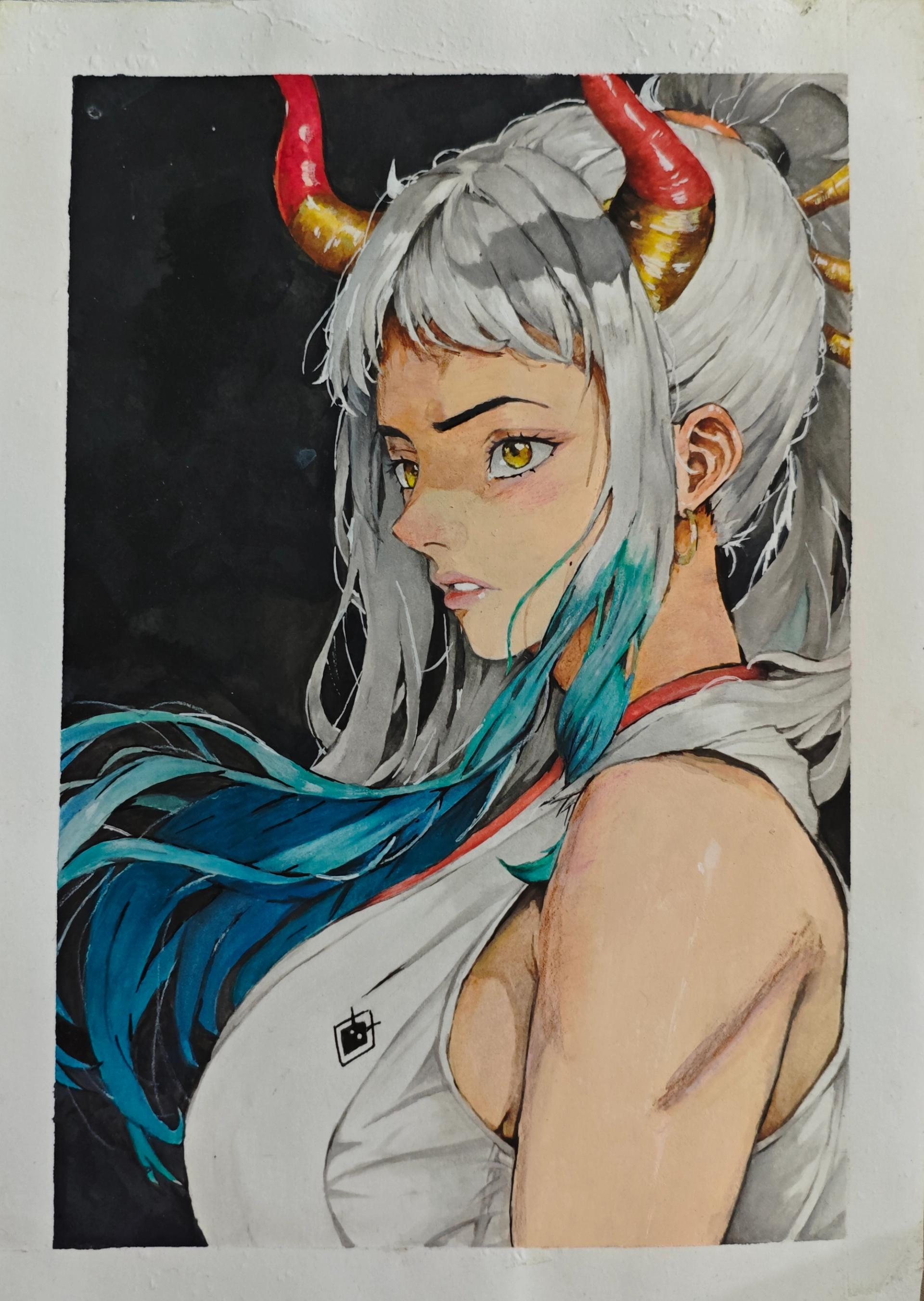 yamato one piece, yamato fan art, one piece yamato, oni princess, one piece fan art, watercolor one piece, yamato oni, wano arc, anime fan art, traditional watercolor, demon princess yamato, one piece female characters