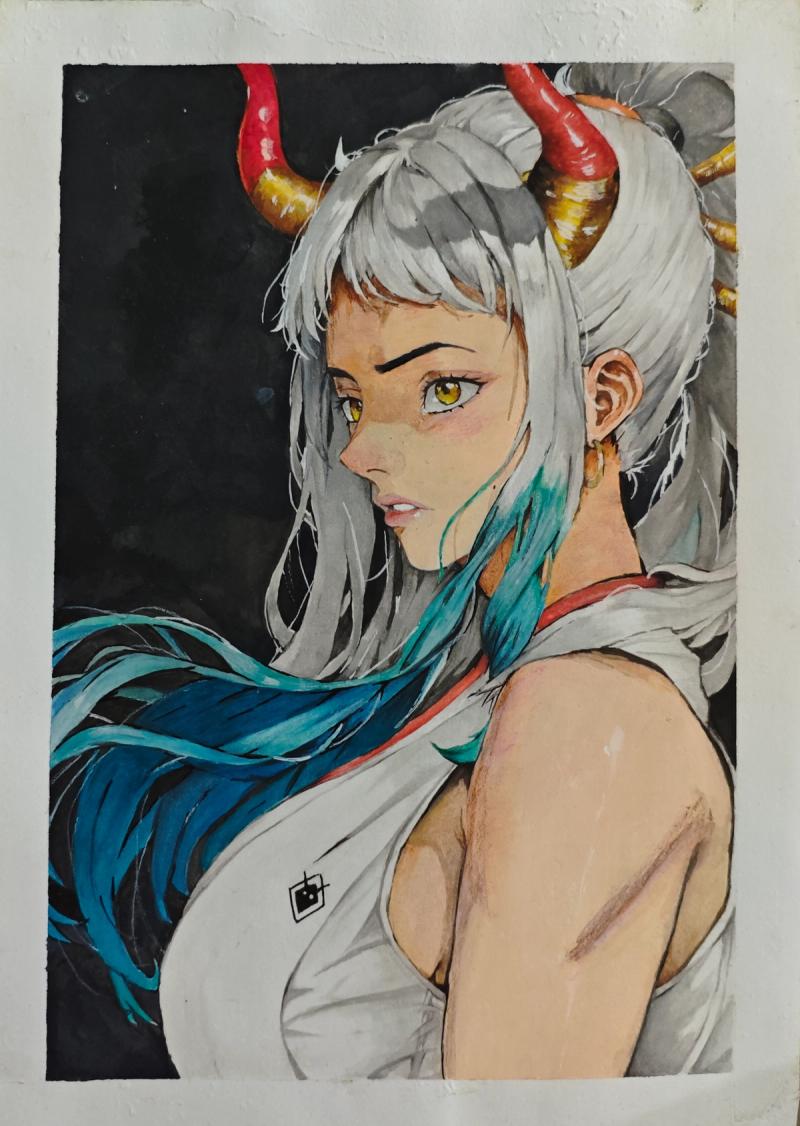 yamato one piece, yamato fan art, one piece yamato, oni princess, one piece fan art, watercolor one piece, yamato oni, wano arc, anime fan art, traditional watercolor, demon princess yamato, one piece female characters