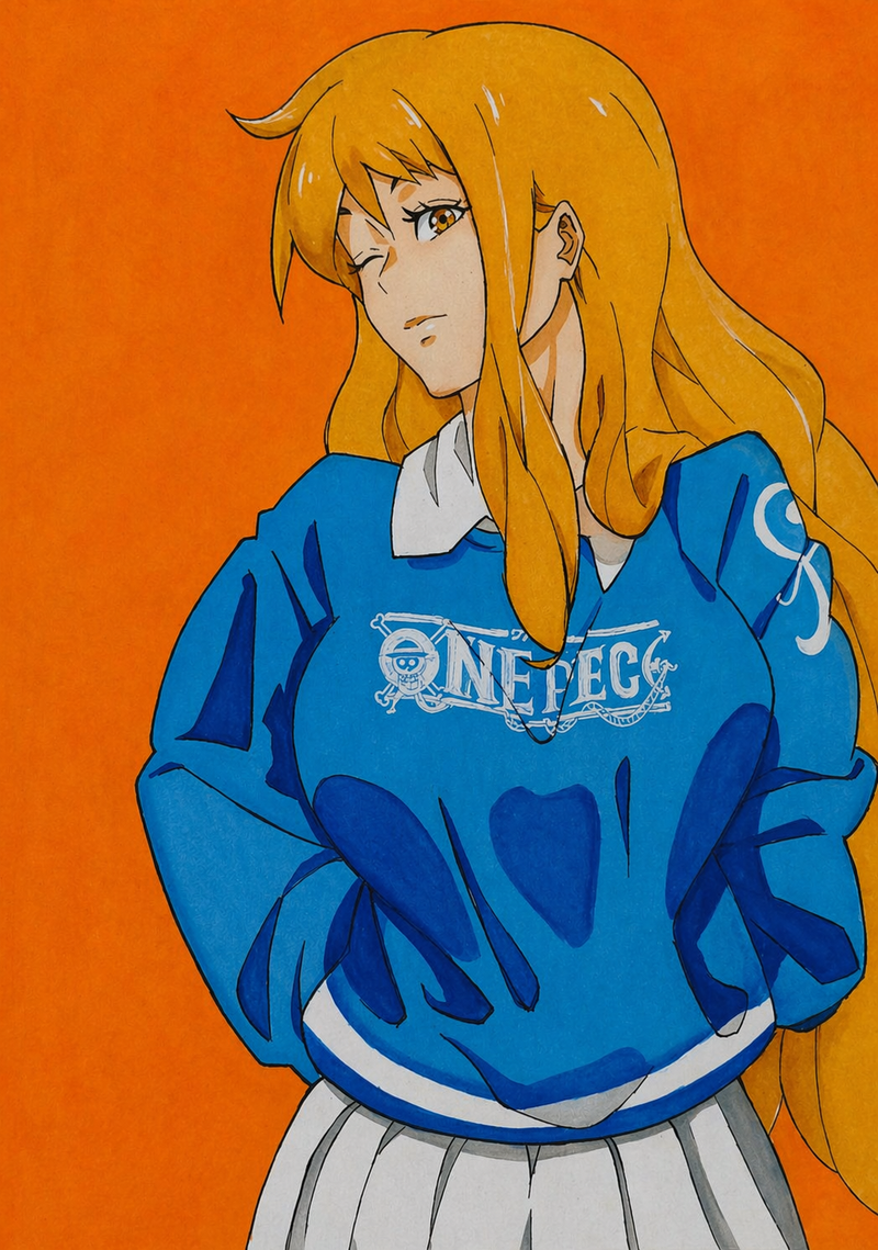 nami one piece, nami fan art, one piece nami, one piece fan art, modern au, anime girl, orange hair anime, one piece crew, traditional watercolor, straw hat pirates