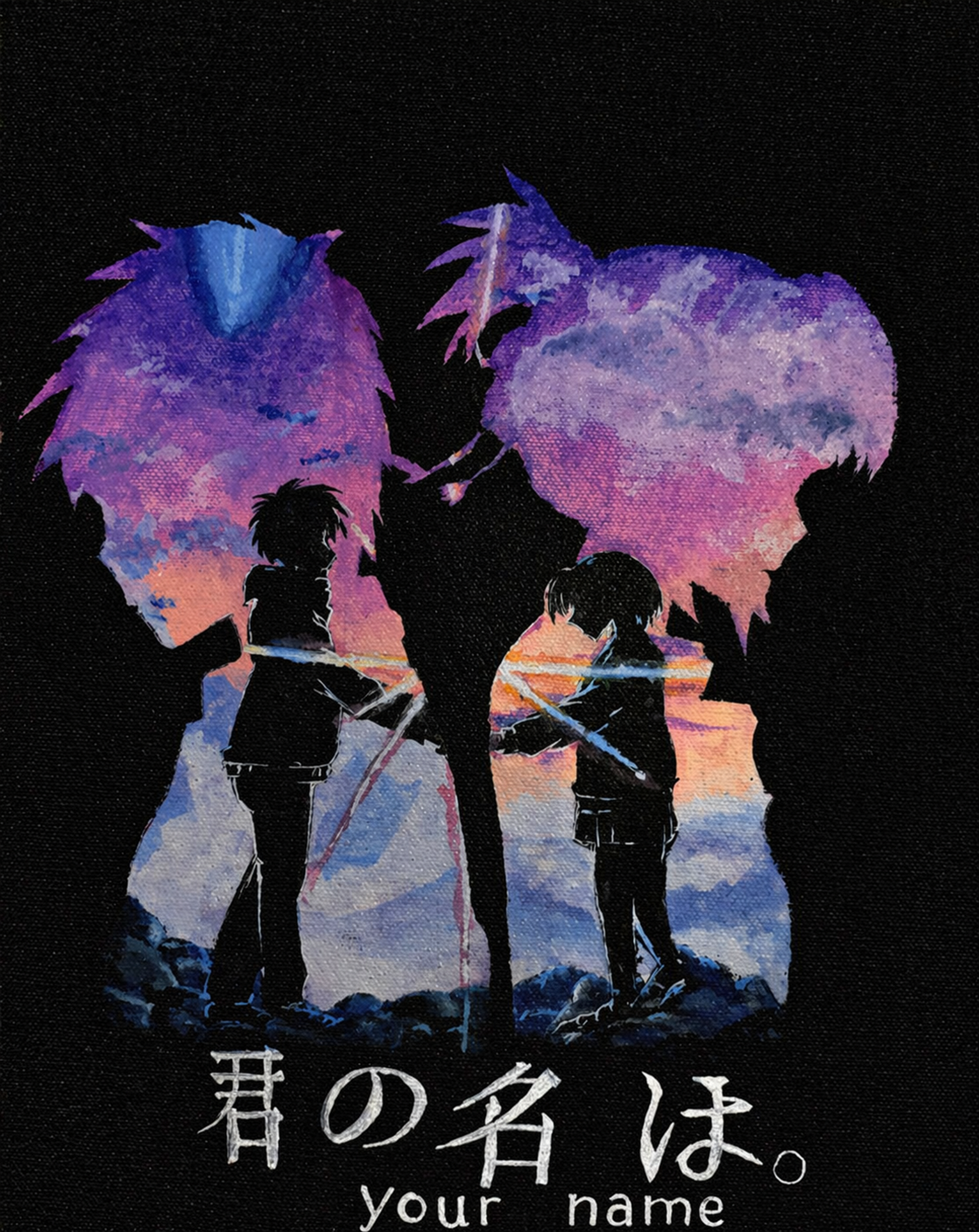 your name anime, kimi no na wa, your name fan art, makoto shinkai, anime silhouette, twilight sky art, japanese anime, romantic anime art, traditional watercolor