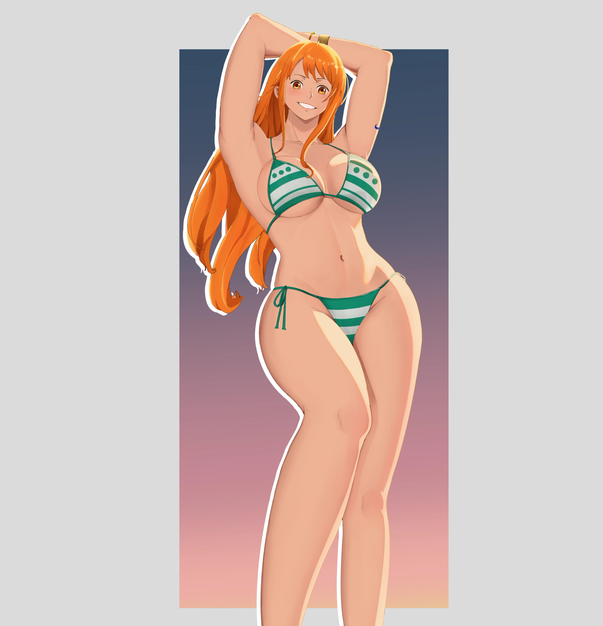 Artwork of Nami – Summer Beach  | One Piece Fanart — Illustration — by Xyro, 3D Blender Art, 2D Illustration, 2D Illustration, Character Design (OC), Anime Style, Concept Art