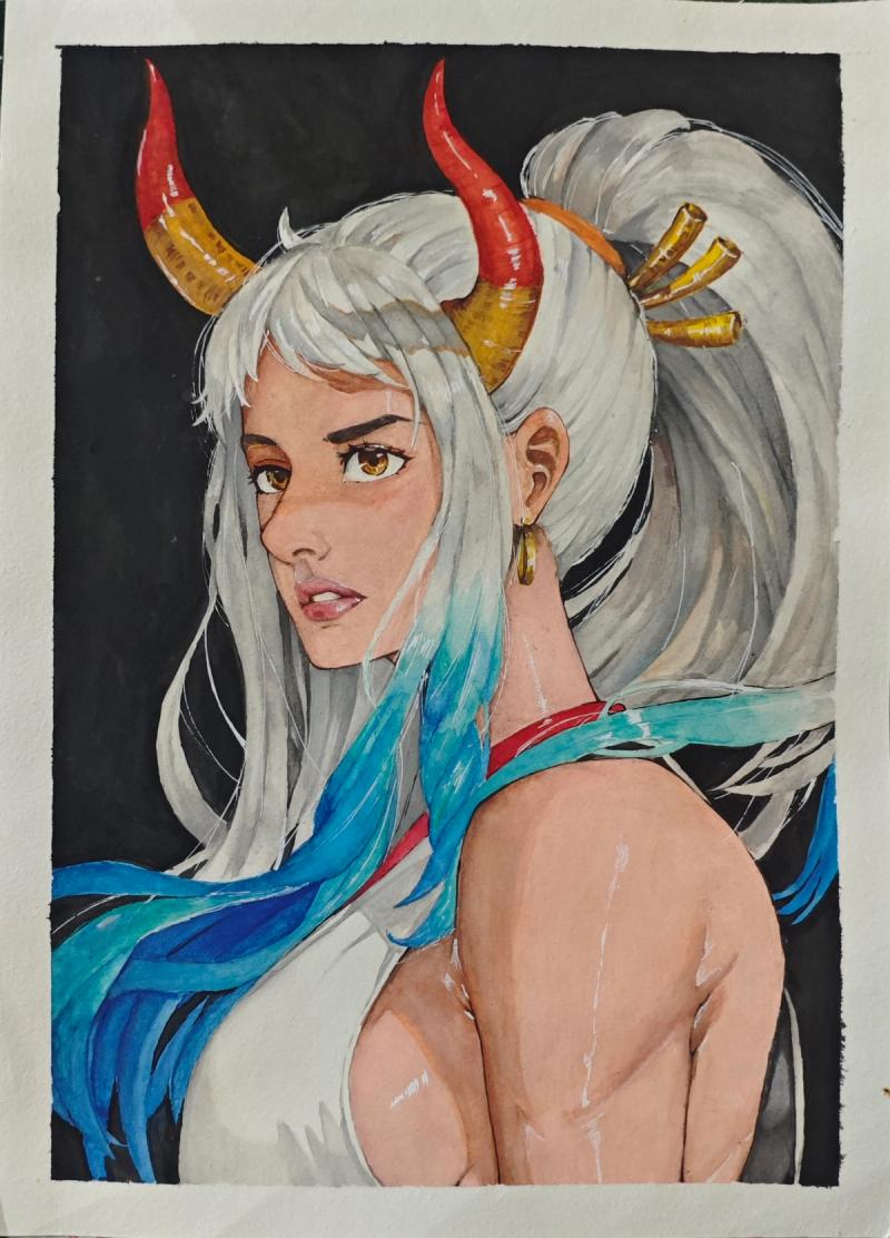 One Piece Yamato art, watercolor anime portrait, Yamato illustration, anime traditional art, One Piece character art, Xyro artwork