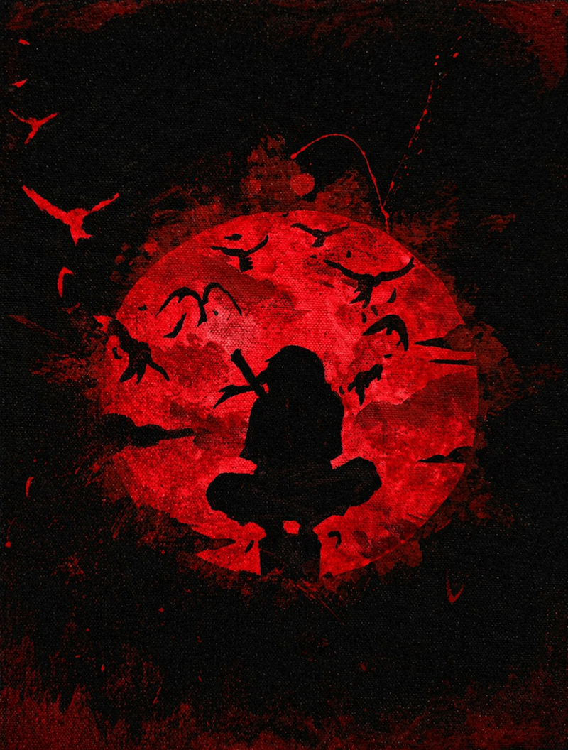 itachi uchiha, itachi fan art, naruto fan art, red moon art, itachi silhouette, akatsuki, naruto shippuden, dark anime art, crow silhouette, traditional painting, uchiha clan