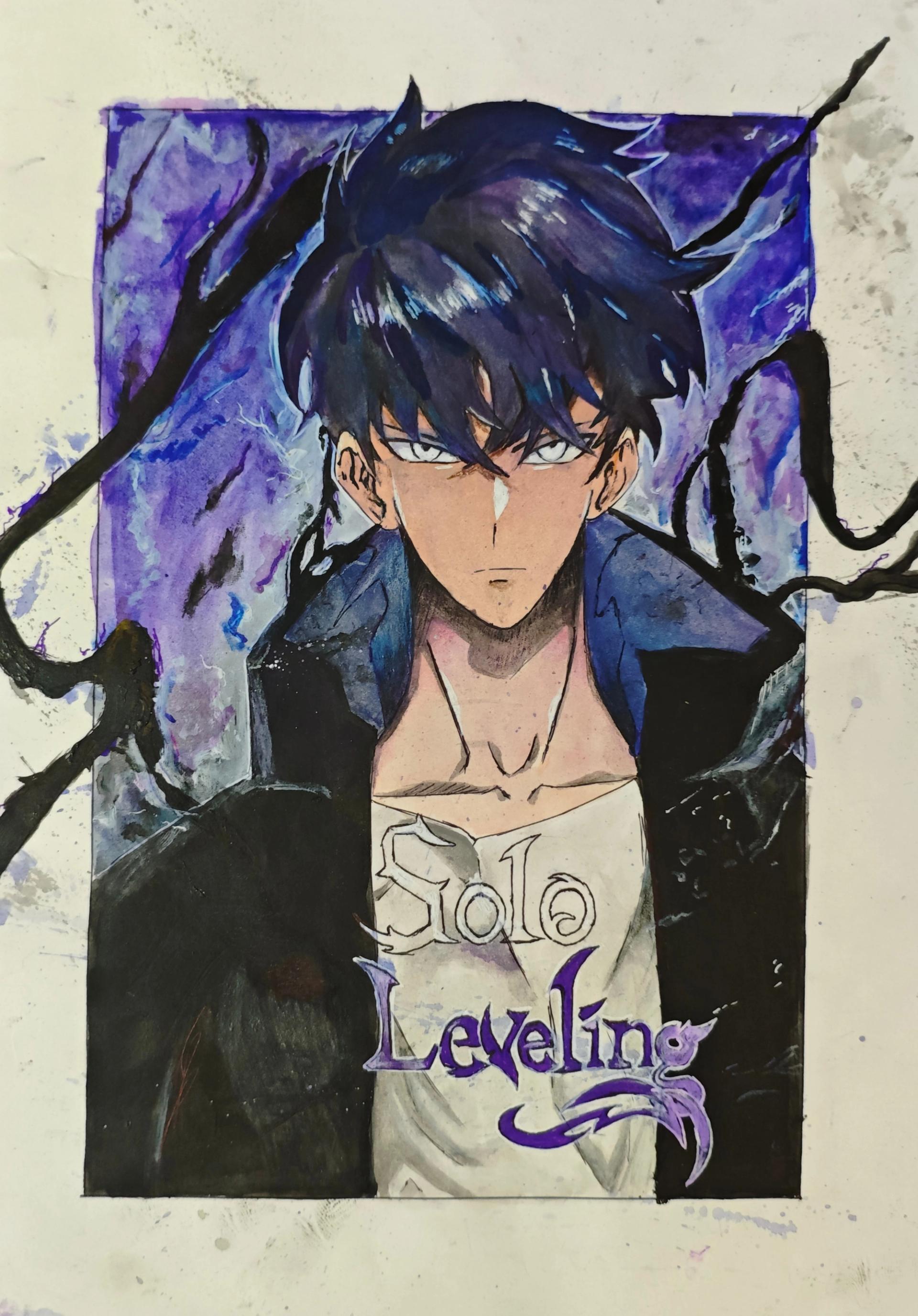 sung jin woo, solo leveling, solo leveling fan art, shadow monarch, jinwoo fan art, watercolor art, anime manhwa, traditional fan art, purple aesthetic, solo leveling art