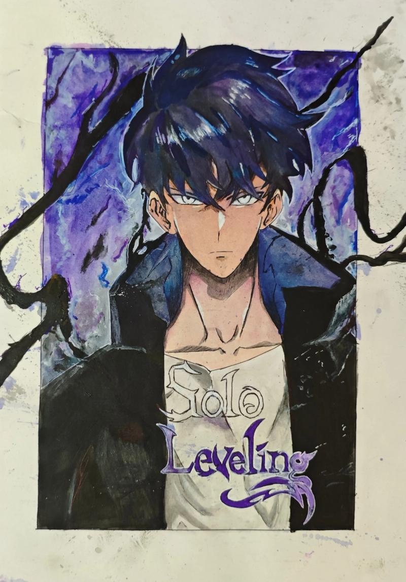 sung jin woo, solo leveling, solo leveling fan art, shadow monarch, jinwoo fan art, watercolor art, anime manhwa, traditional fan art, purple aesthetic, solo leveling art