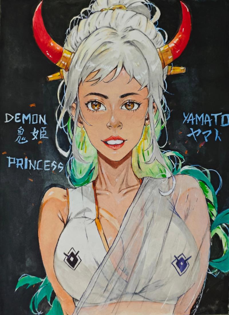 yamato one piece, yamato fan art, one piece yamato, oni princess, one piece fan art, watercolor one piece, demon princess, wano arc, anime fan art, traditional watercolor, yamato oni