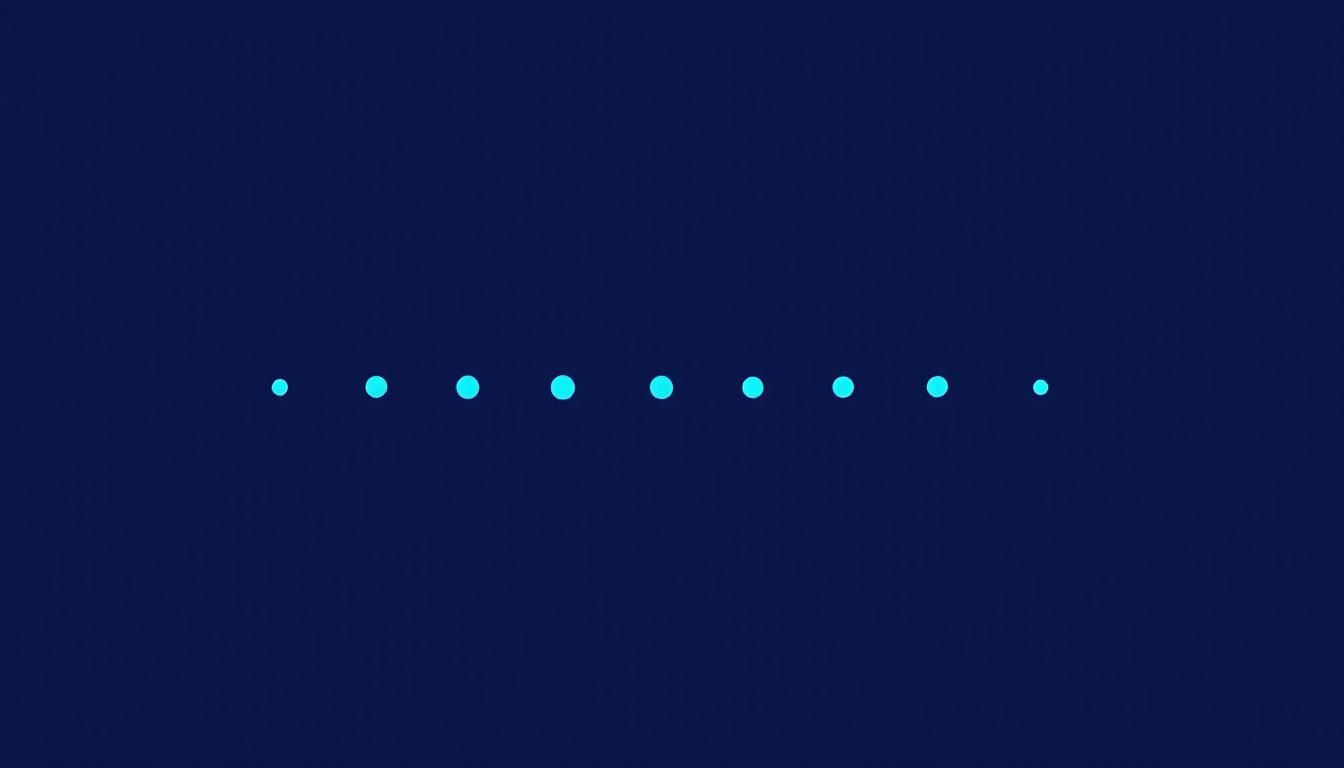 Minimal editorial graphic of a row of seven evenly spaced electric blue dots on a deep navy background, representing the rhythm of recurring episodes.
