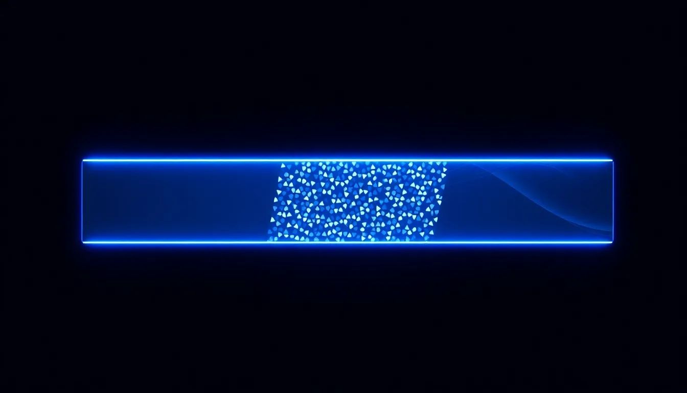 A minimal electric blue horizontal bar on a dark navy background, plain at one end and dense with small angular facets through the middle.