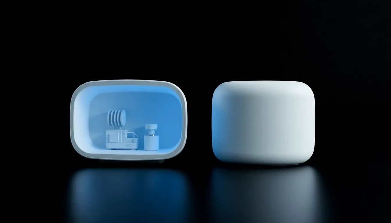 A product rendered in cutaway view with its internal components visible, sitting beside the same product photographed as a solid object.