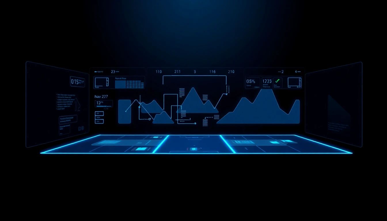 Abstract geometric visualization of a 3D rendered manufacturing dashboard on deep navy