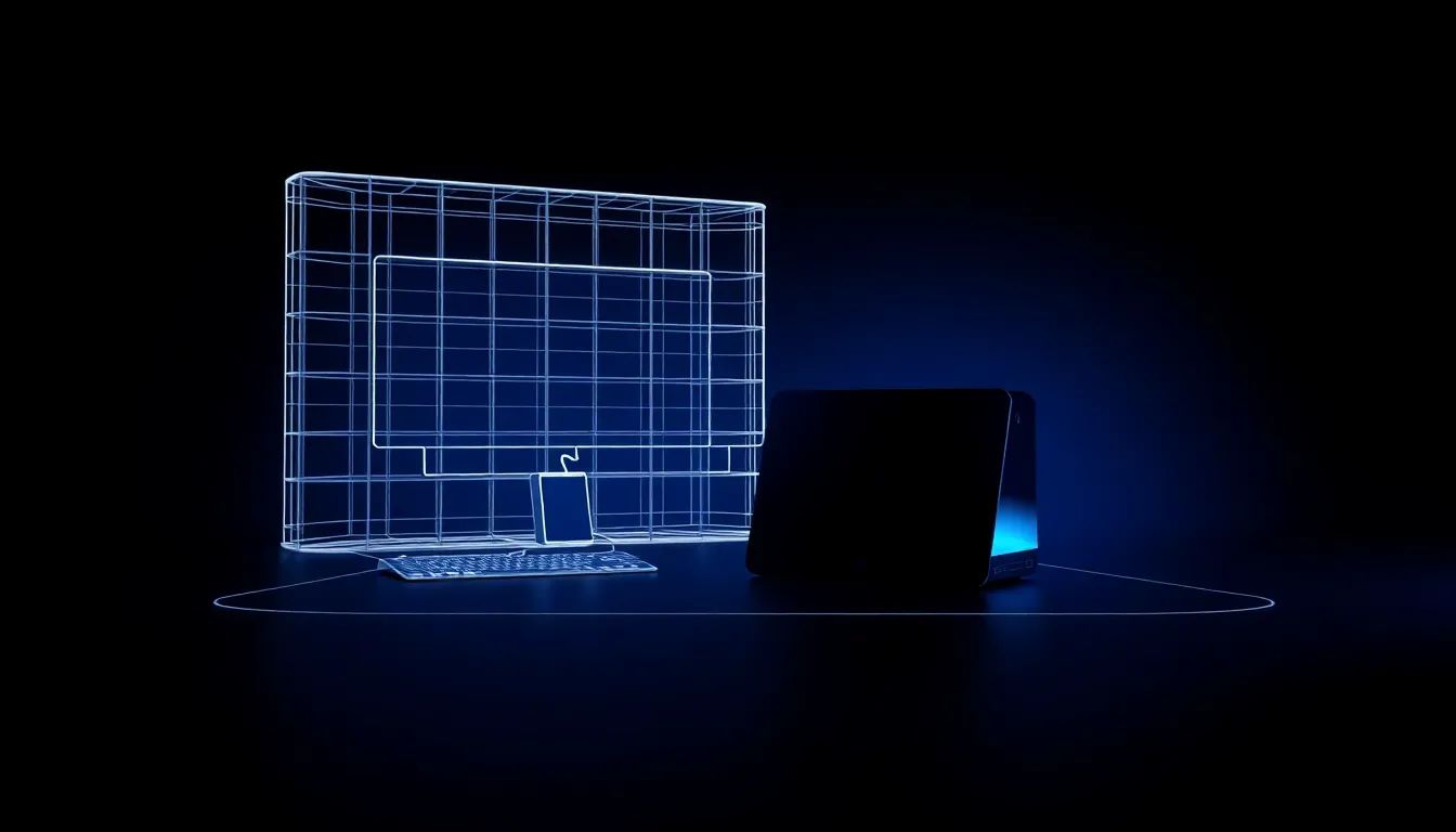 A glowing blue 3D wireframe monitor beside a rendered screen, showing a model moving from wireframe to final render.