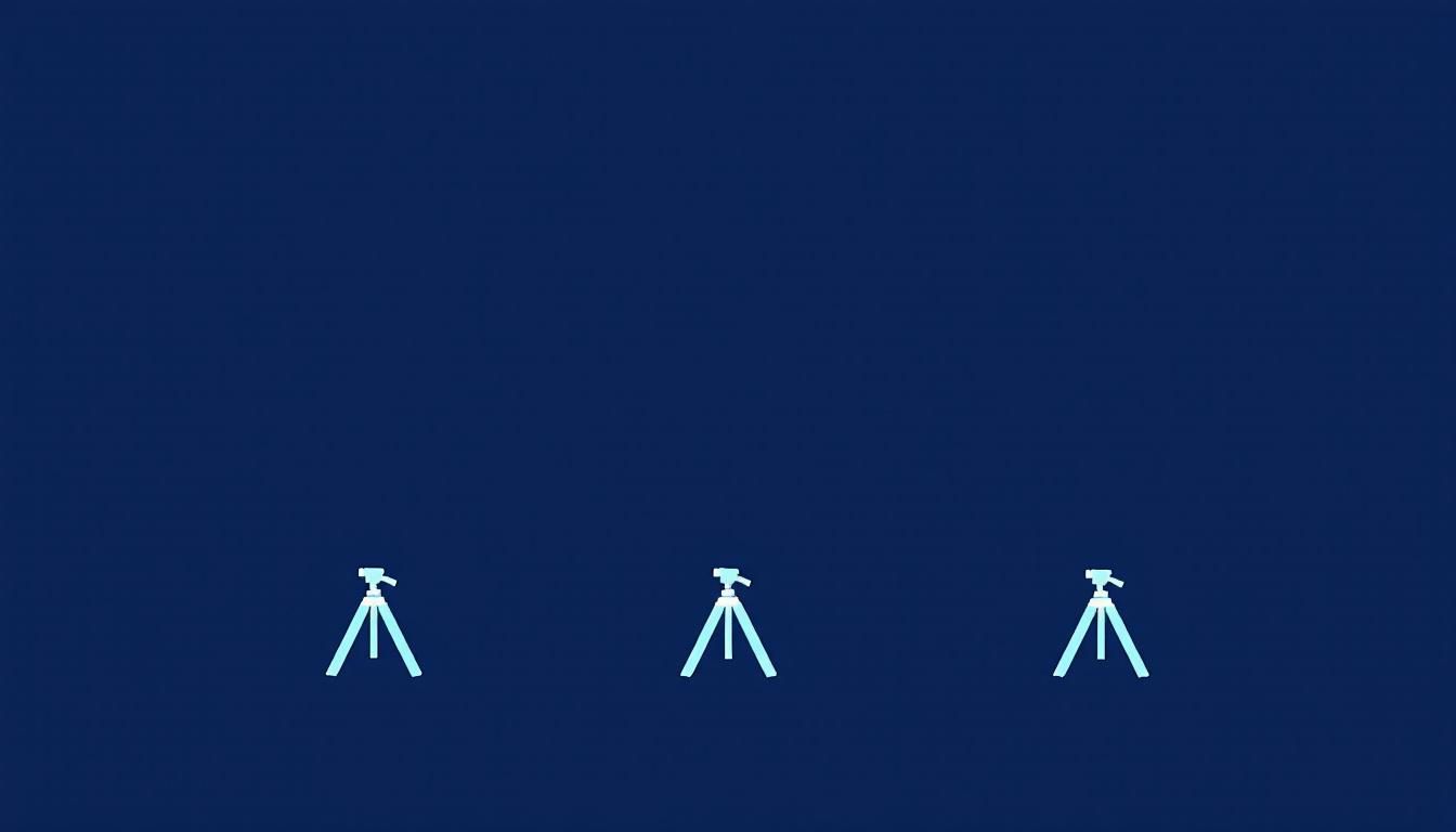 Minimal editorial graphic of three identical electric blue tripod silhouettes arranged in a row on a deep navy background.