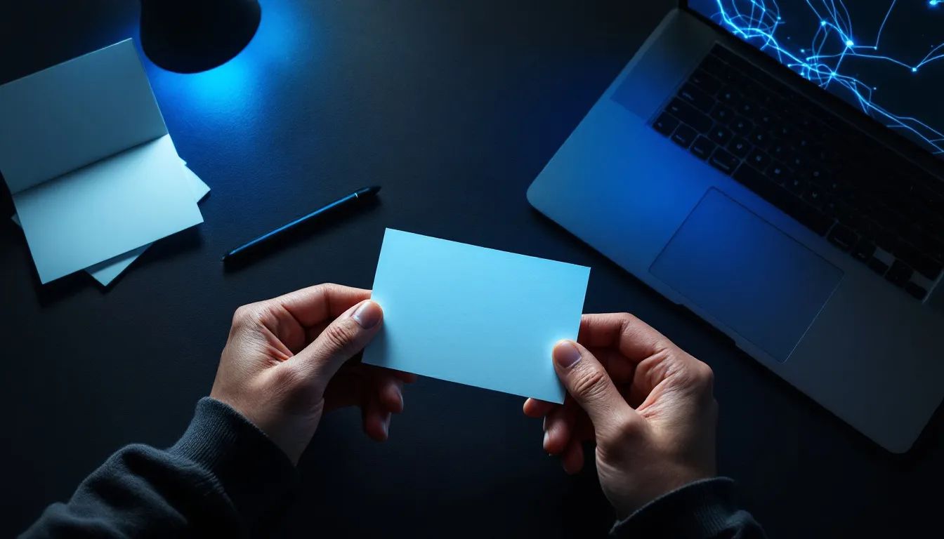 Two hands hold a blank index card above a desk with more cards, a pen, and a laptop showing an abstract blue graphic.