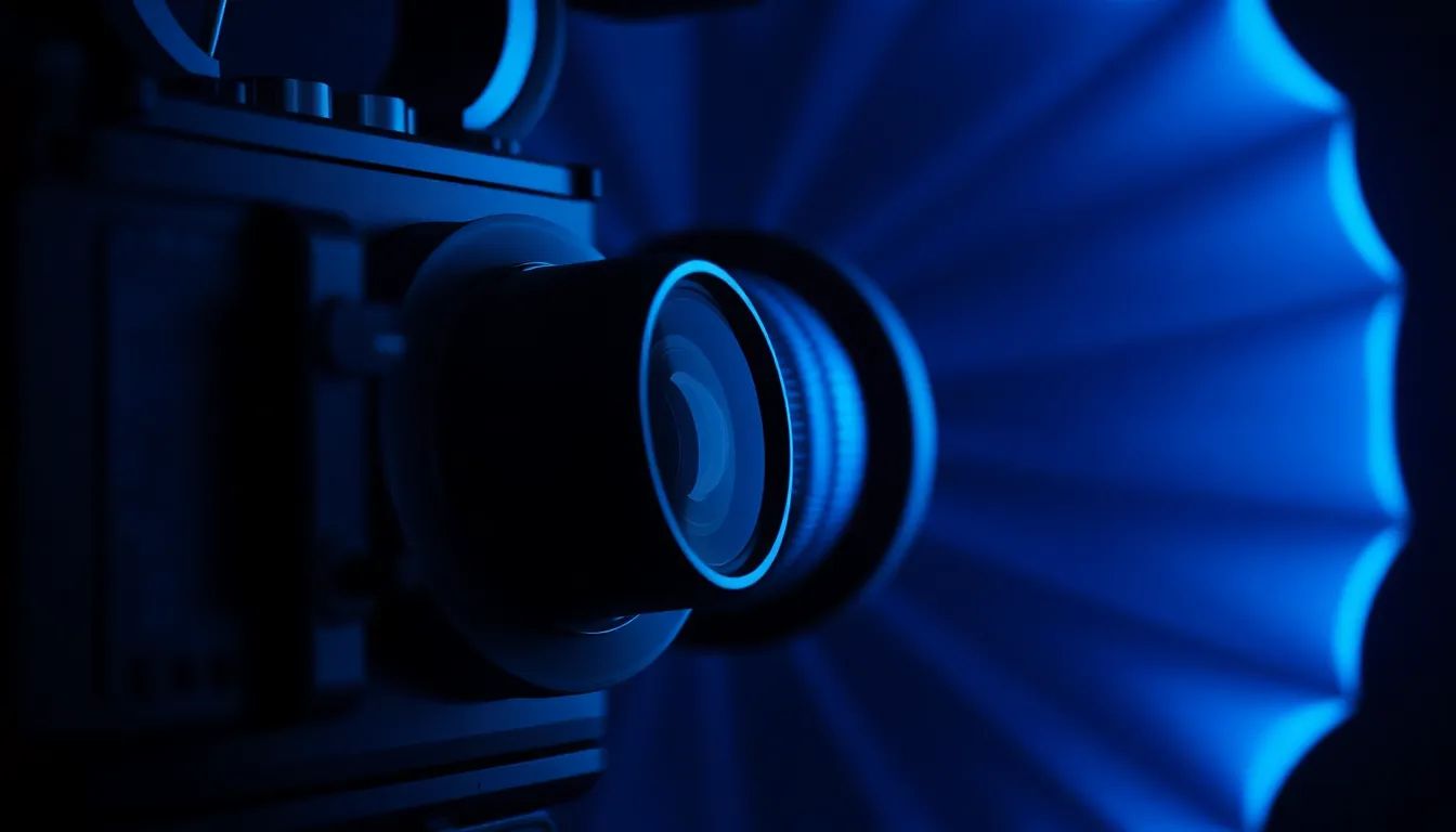 Close-up of a professional cinema camera lens lit with a blue softbox in a dark studio.