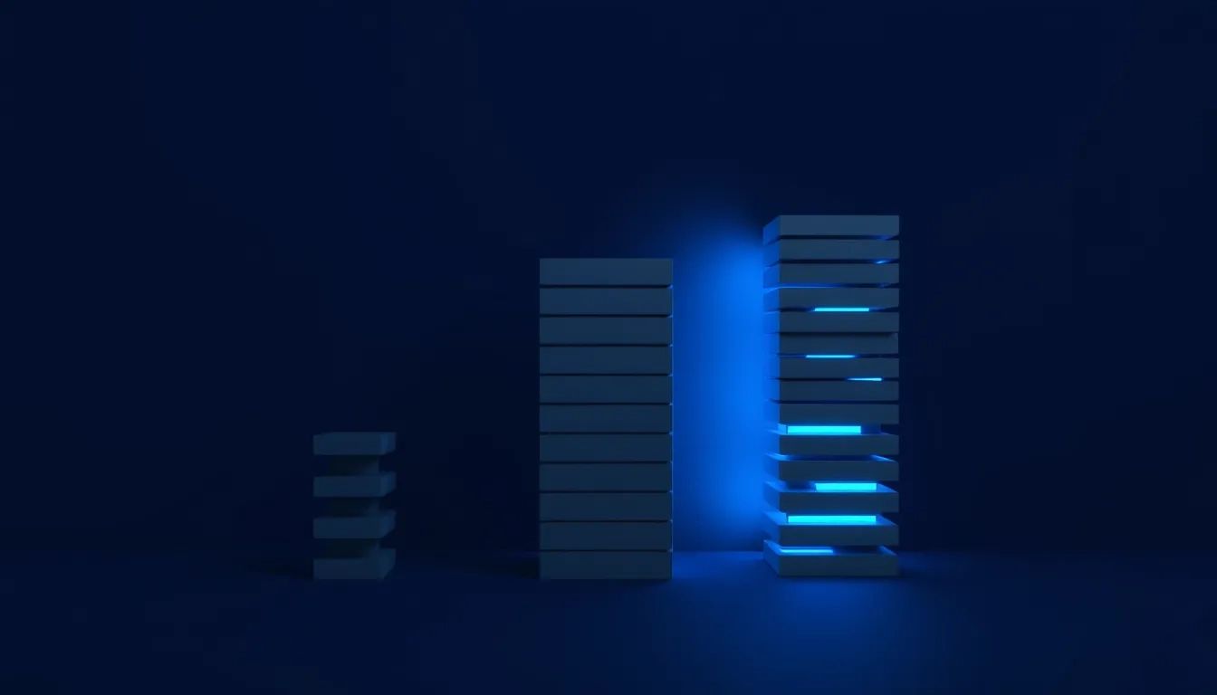 A minimal electric blue checkmark sits inside a thin outlined square on a deep navy background, with a cluster of small angular fragments trailing off to one side.