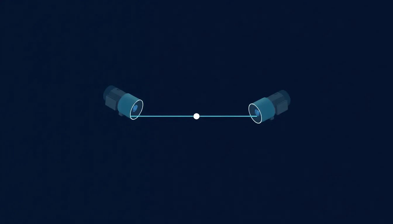 Minimal geometric editorial diagram showing two cameras with a thirty degree arc between their lines of sight pointed at a central subject, deep navy background, electric blue accent line marking the angle measurement