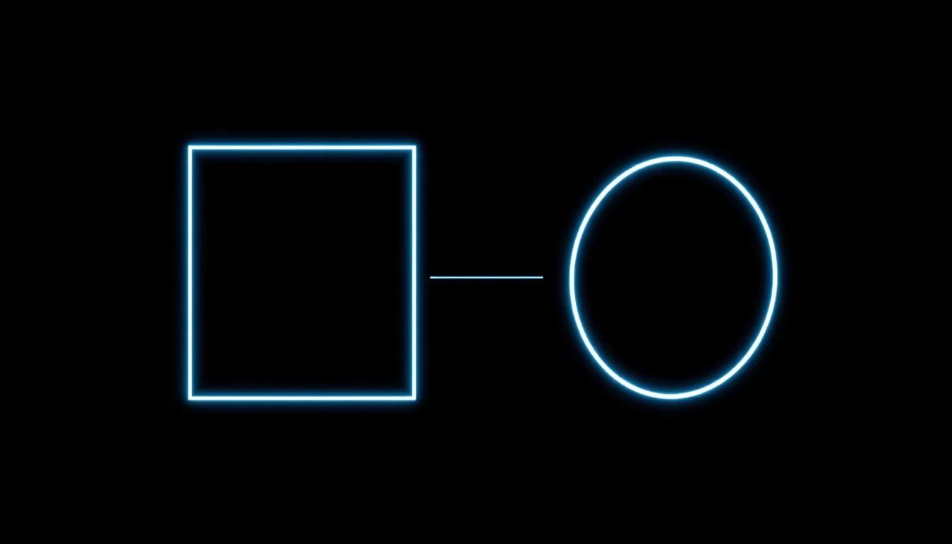 Minimal navy geometric graphic contrasting a single flat frame with a looping ring of light, electric blue accents on deep navy, representing one shoot versus a reusable 3D asset.