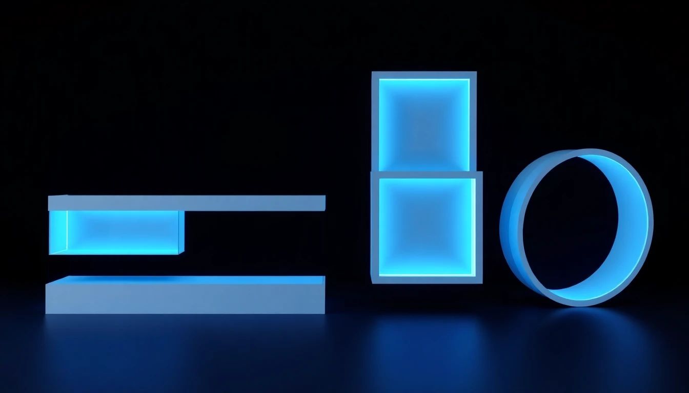 Abstract geometric composition on deep navy showing parallel rectangular canvases of varying aspect ratios with electric blue accent shapes