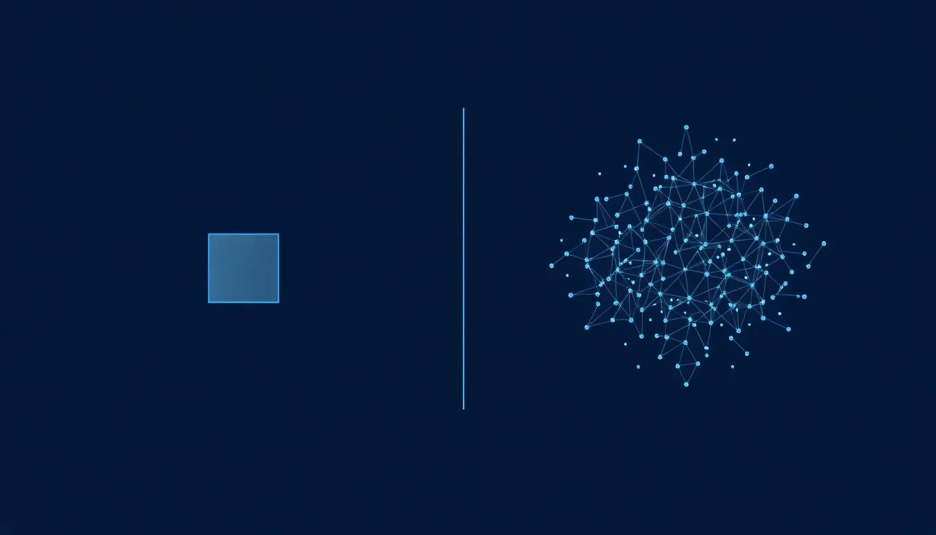 Minimal navy graphic contrasting a simple single-object 3D build against a many-part build, electric blue accents on deep navy