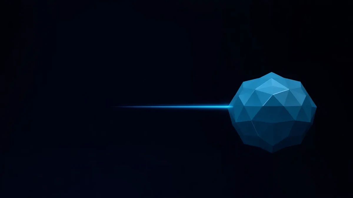 Minimal geometric graphic on deep navy: a simple faceted form linked by a glowing blue beam to a denser multi-faceted structure, showing how 3D complexity scales