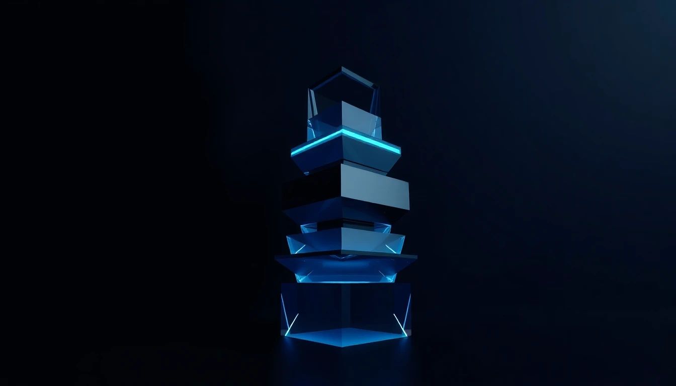 Abstract geometric composition on deep navy showing layered prismatic forms with electric blue accent edges, evoking decades stacked as architectural strata