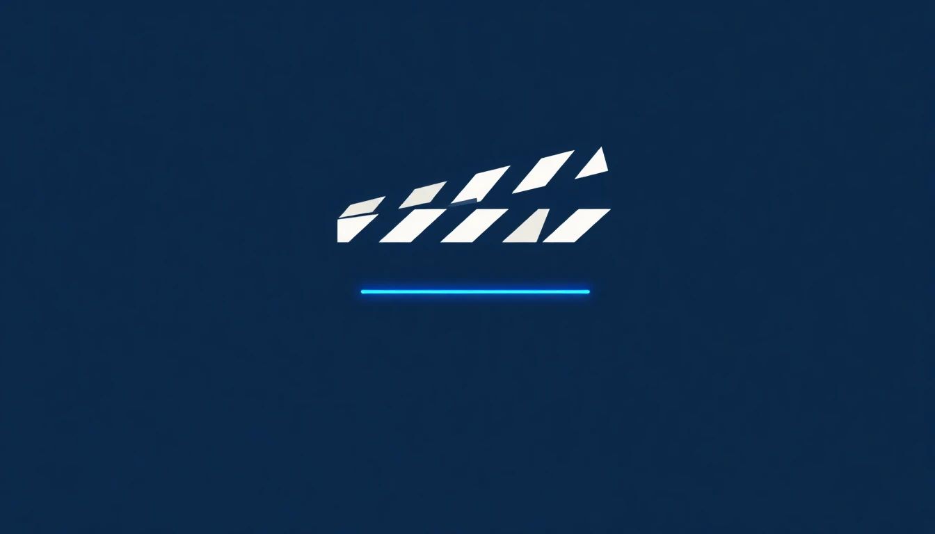 Minimal geometric editorial illustration on deep navy background, an abstract clapperboard reduced to two angled rectangles meeting at a hinge with stylised stripe pattern, electric blue accent line marking the clap point, generous negative space, no readable text