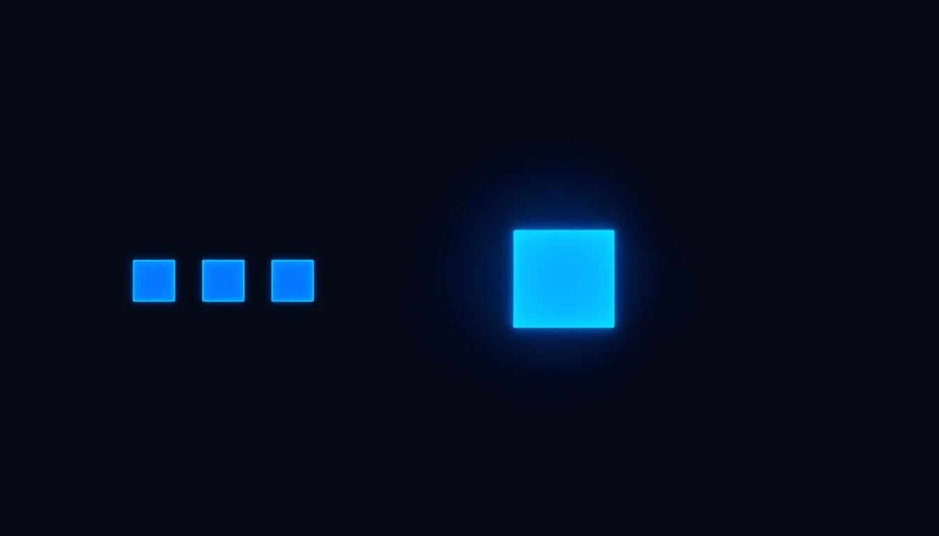 Abstract graphic: a row of small blue rectangles beside one larger solid blue block on navy.
