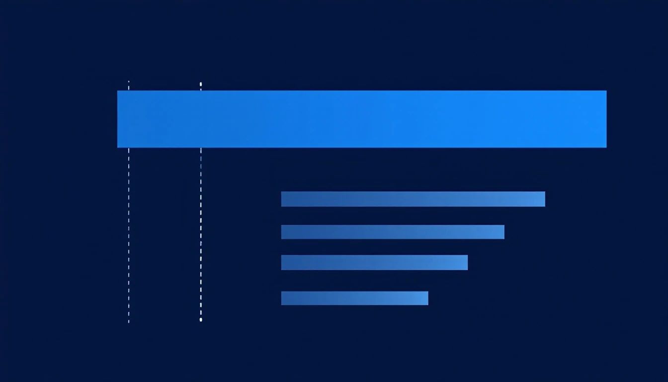 Abstract graphic on a deep navy background: one long bright blue bar above four shorter bars that step down in length, with two dashed vertical guide lines at the left.