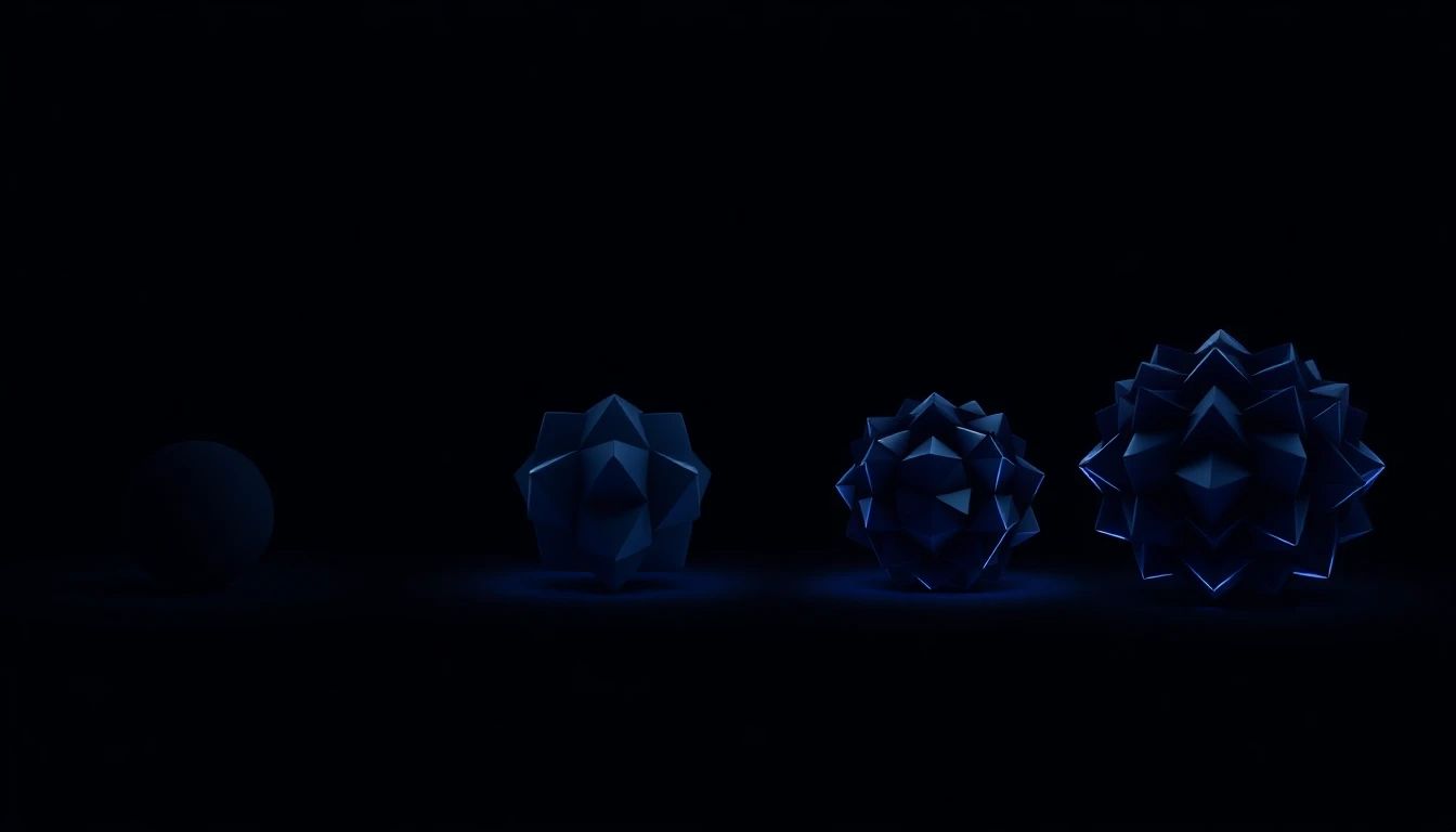 Minimal geometric editorial graphic on deep navy with electric blue accent shapes representing four tiers of 3D development scope