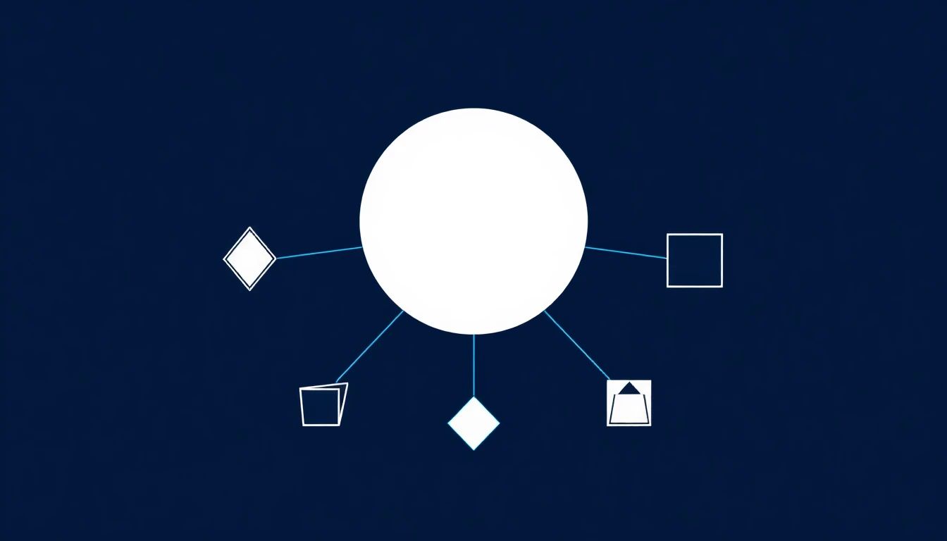 Minimal geometric editorial illustration on deep navy background showing one large central circle representing a master asset with thin electric blue lines radiating outward to multiple smaller geometric shapes representing derivative formats, clean editorial vector aesthetic, no readable text