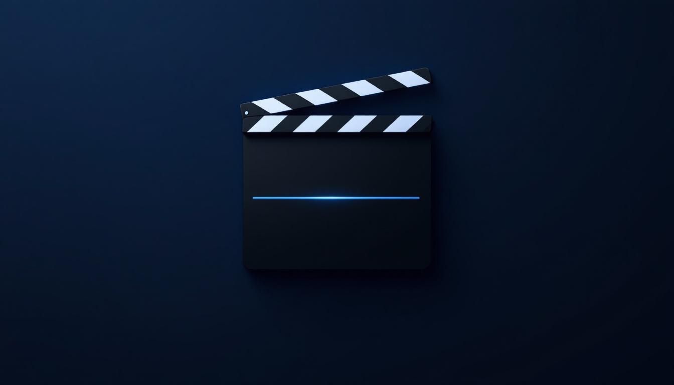 Minimal editorial graphic of a film clapperboard with a glowing electric blue accent line on a deep navy background.