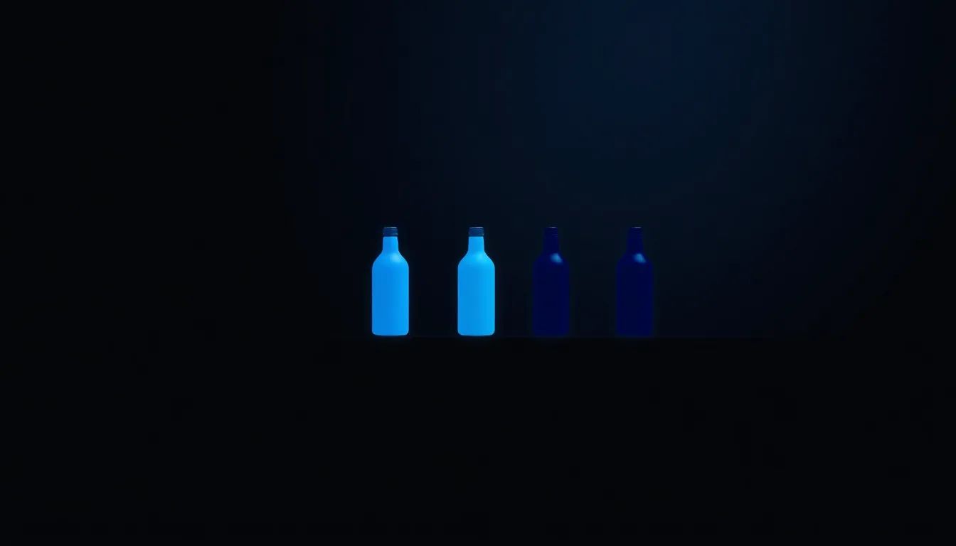 Minimal geometric editorial graphic on deep navy showing a single bottle silhouette repeated in a row with shifting electric blue accent tones, suggesting one 3D model rendered across many product variants