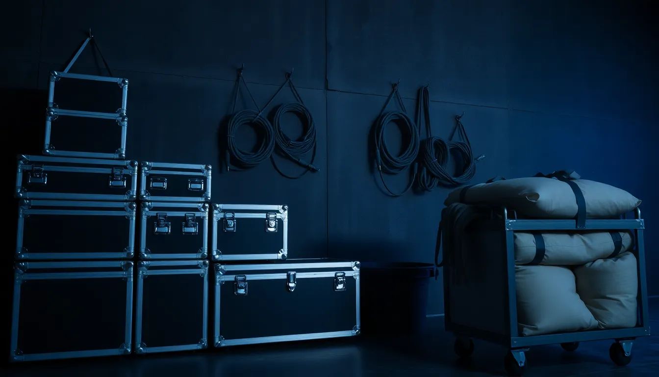 Stacked aluminium flight cases and coiled cables against a dark wall, with canvas sandbags loaded on a rolling cart in a film production prep area.