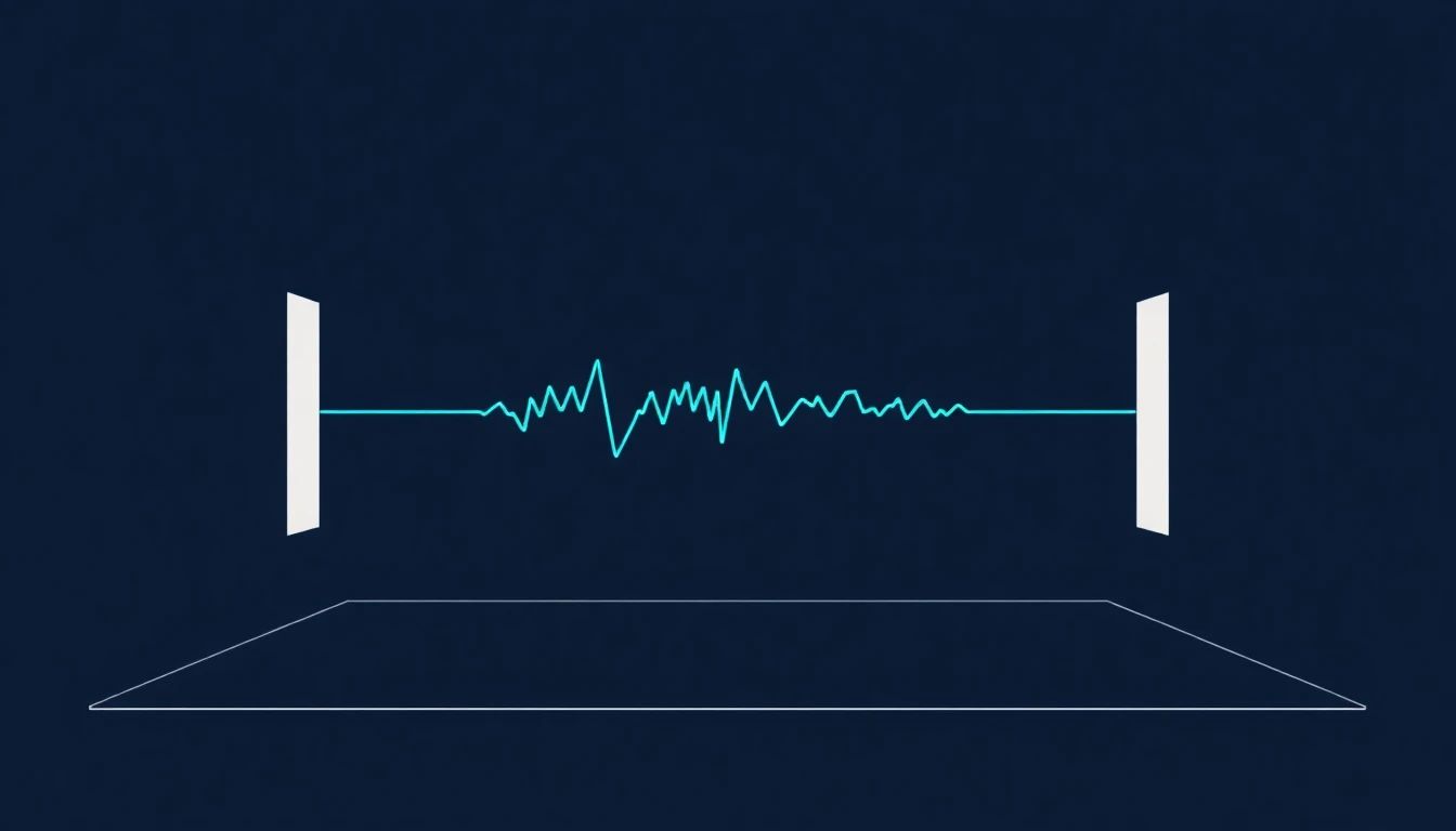 Minimal geometric editorial illustration on deep navy background, abstract architectural section of a recording room paired with a stylised vocal waveform, electric blue accent shapes, generous negative space, no readable text