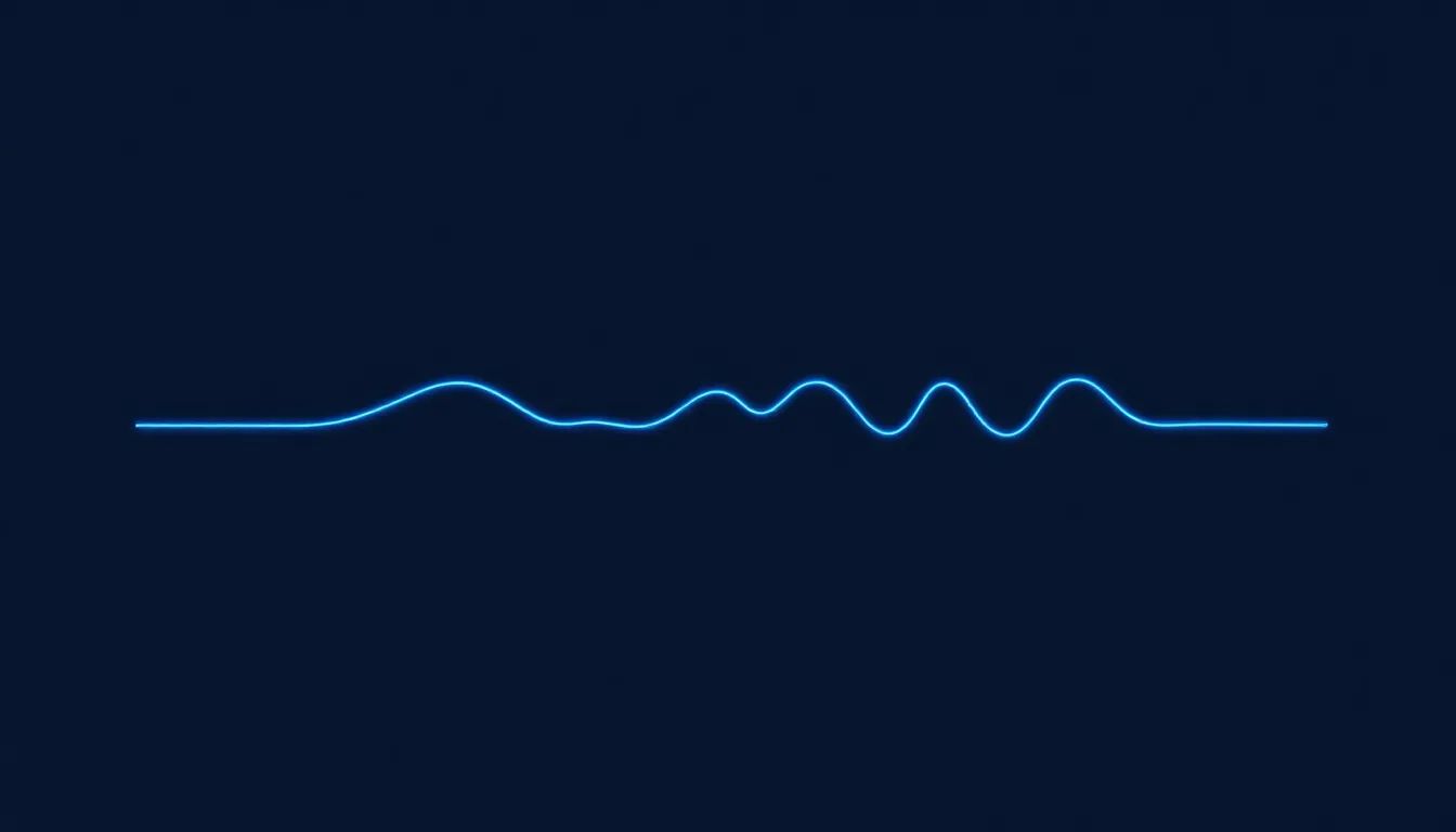 Minimal geometric editorial illustration of an abstract audio waveform with subtle peaks on a deep navy background, electric blue thin accent line
