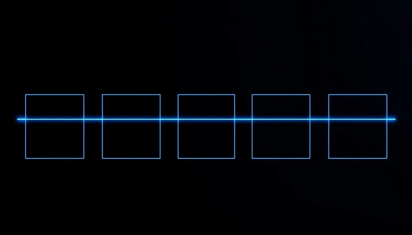 A minimal electric blue geometric sequence of three simplified frames connected by a thin line on a deep navy background, suggesting a storyboard in progress.