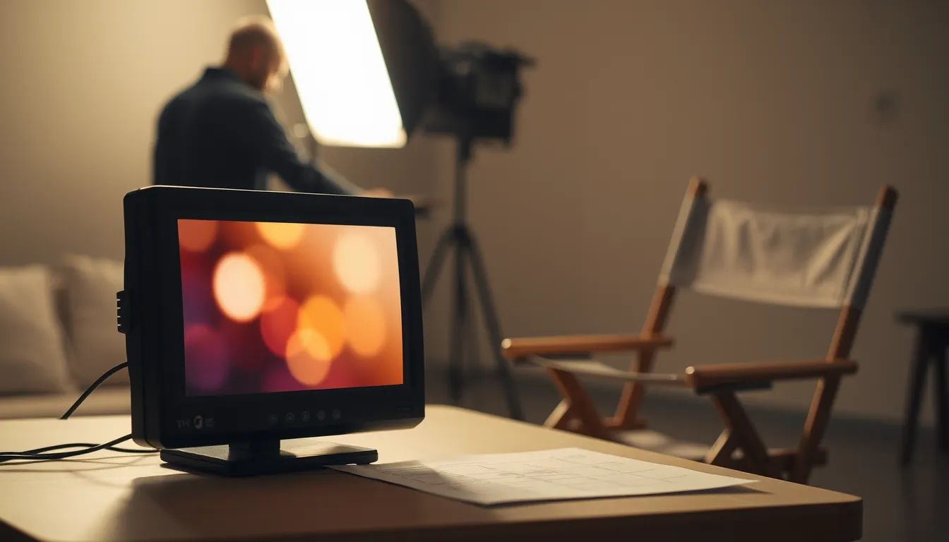 A call sheet and monitor on a small table beside a folded director's chair, with a crew member adjusting a light in the background.