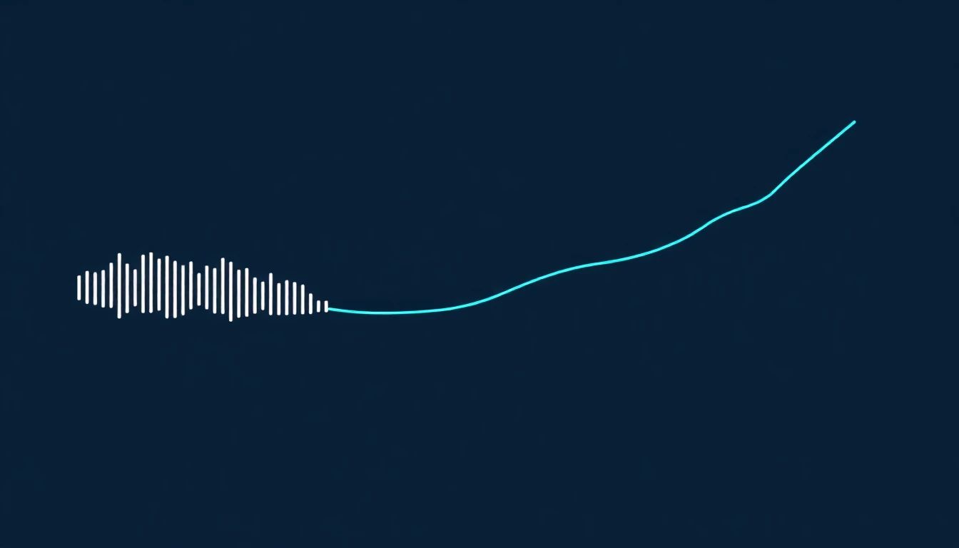Minimal geometric editorial illustration on deep navy background, a stylised audio waveform meeting a rising business chart line, electric blue accent strokes, generous negative space, no readable text