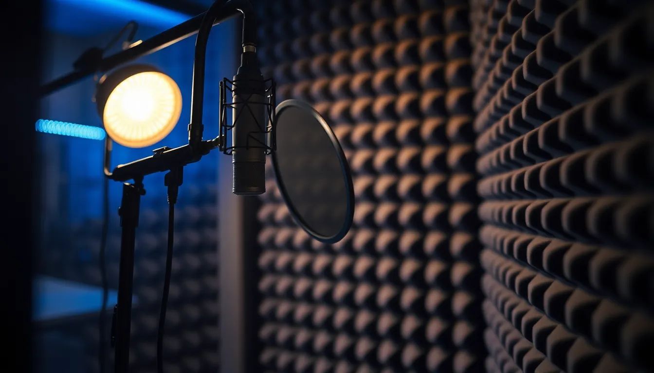 Close view of a studio microphone on a shock mount with a pop filter, lit by a warm practical light against a foam acoustic wall in a voiceover booth.
