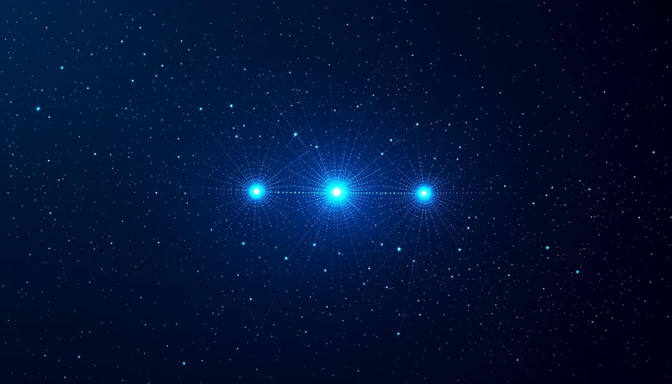 Minimal editorial graphic of two glowing electric blue nodes connected by a dotted line among faint grey unconnected nodes, on a deep navy background.