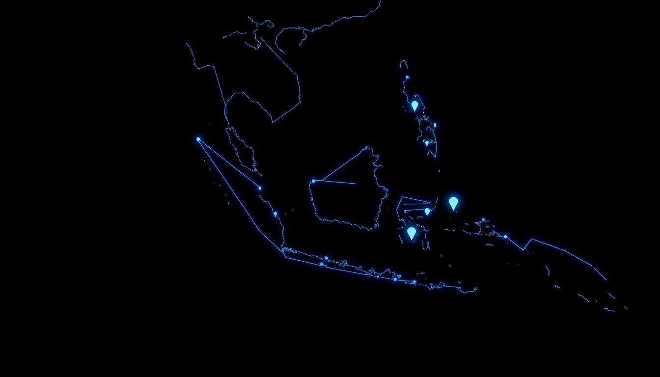 Abstract geometric map of Southeast Asia with regional waypoints on deep navy