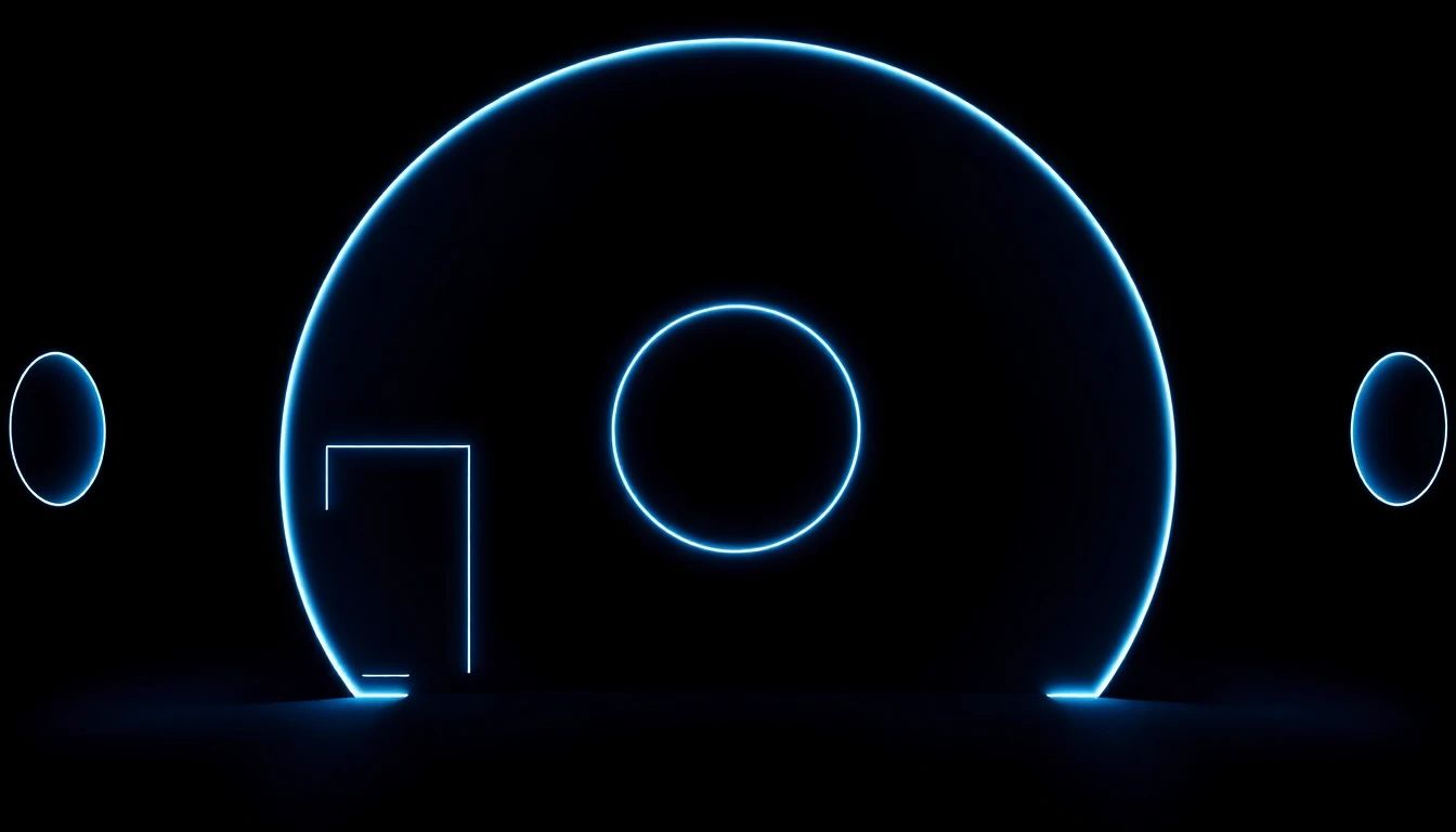 Abstract geometric composition on deep navy showing rectangular and circular framed surfaces nested inside a larger architectural form, electric blue accent edges