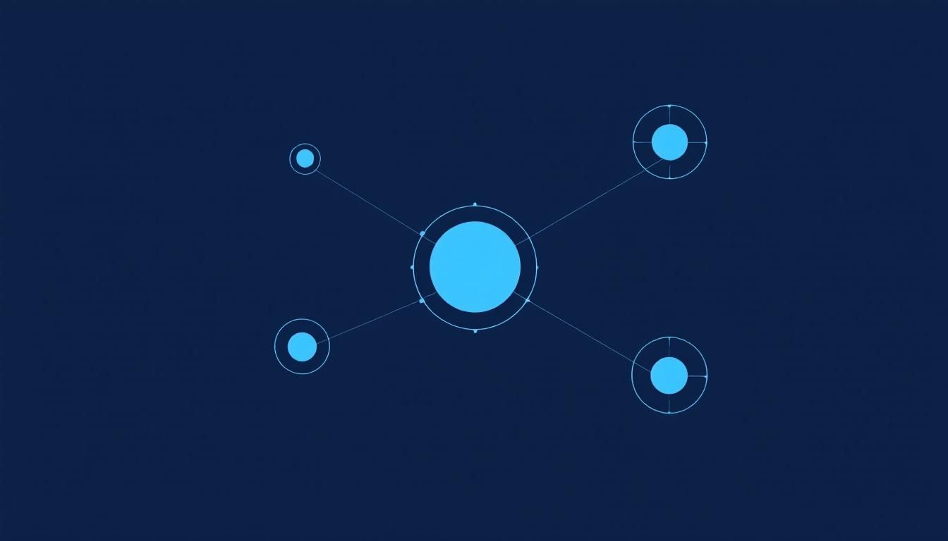 Minimal editorial graphic of one large electric blue central circle connected to five smaller satellite circles by thin straight lines, representing a hub-and-spoke broadcast network.