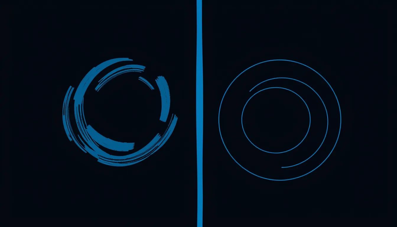 A minimal geometric editorial graphic on a deep navy ground, one deliberately imperfect hand-drawn stroke set against a precise vector curve, electric blue accents.