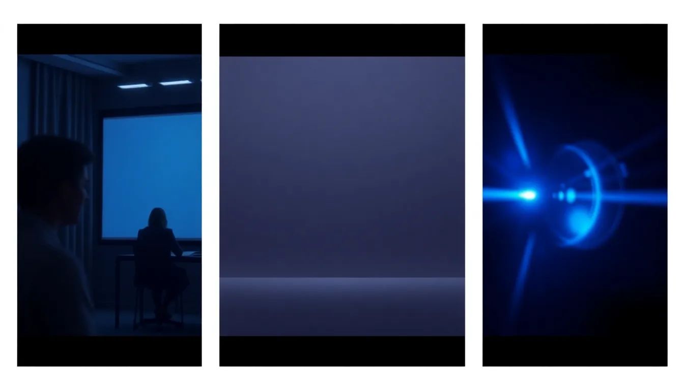 Three panels contrasting a corporate interview, a soft studio backdrop, and a cinematic blue lens flare.