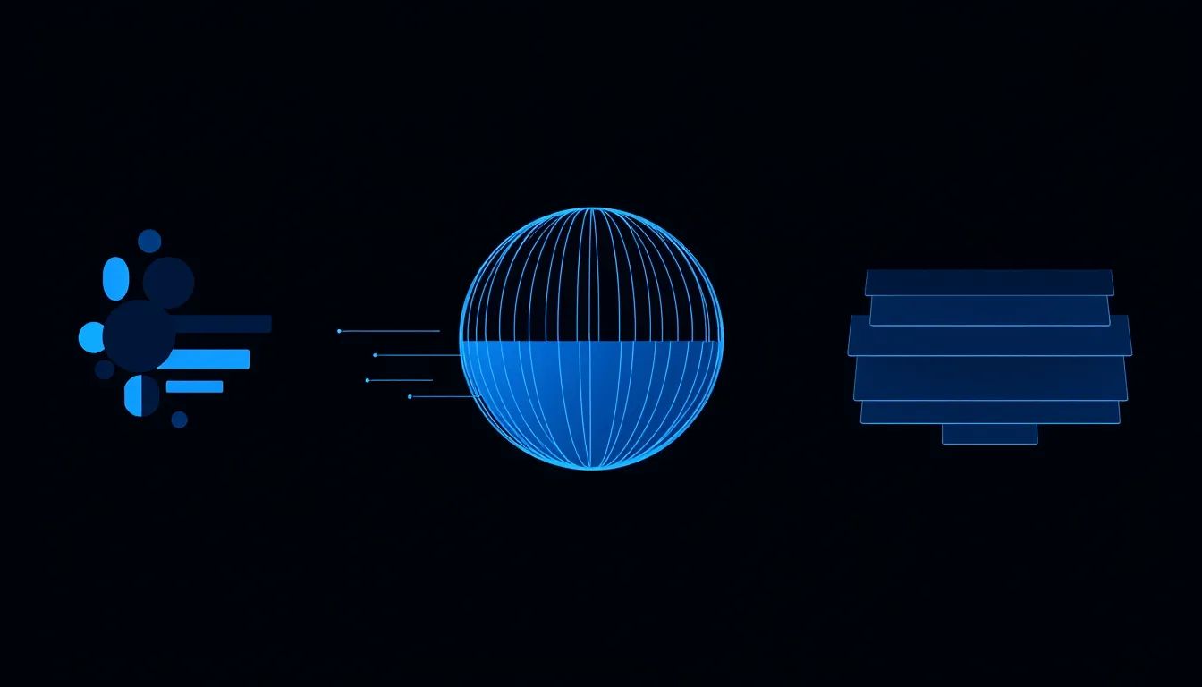 Minimal geometric editorial graphic on deep navy showing three abstract visual systems side by side: flat animated shapes, a dimensional 3D form, and layered translucent composite planes in electric blue.