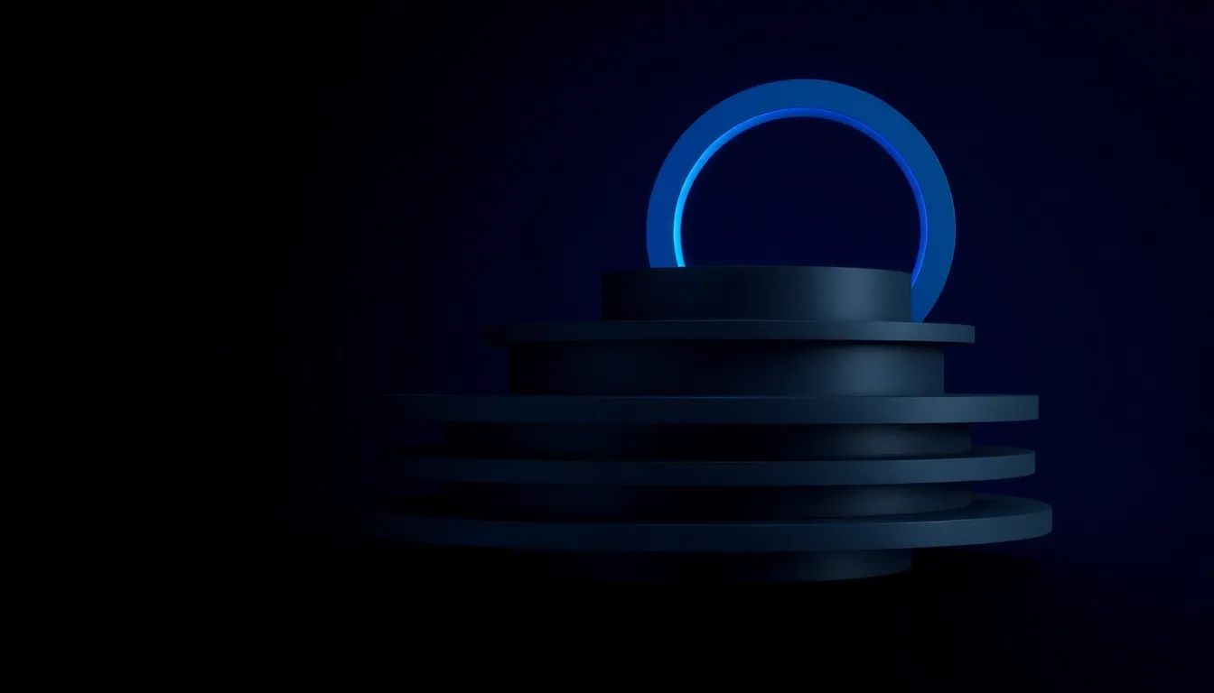 Stacked dark navy discs with a glowing blue ring behind, abstract graphic for precision machinery visualisation